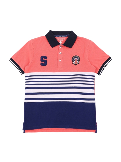 

Pantaloons Junior Boys Coral Pink Striped Polo Collar Pure Cotton T-shirt
