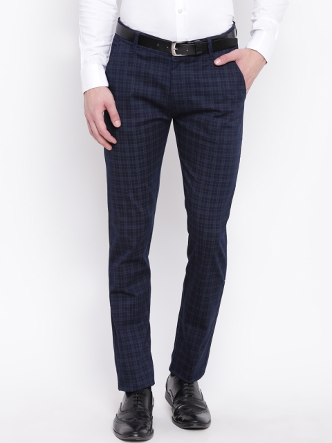 

Hancock Men Navy Blue Slim Fit Checked Formal Trousers