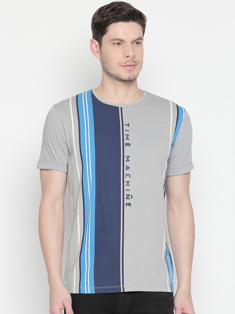 

SF JEANS by Pantaloons Men Grey Striped Round Neck Pure Cotton T-shirt