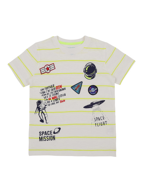 

Pantaloons Junior Boys Off-White Yellow Striped Round Neck Pure Cotton T-shirt