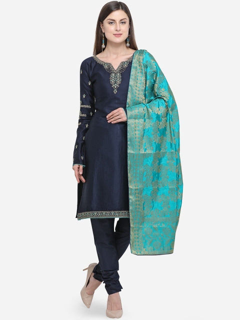 

mf Women Navy Blue & Teal Green Pure Cotton Unstitched Dress Material