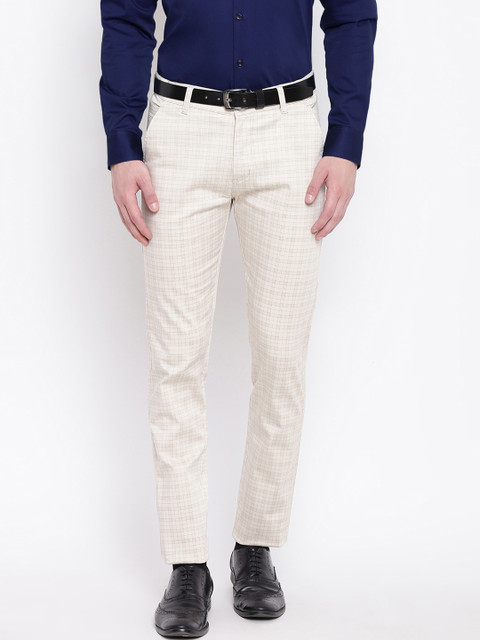 

Hancock Men Beige Slim Fit Checked Formal Trousers