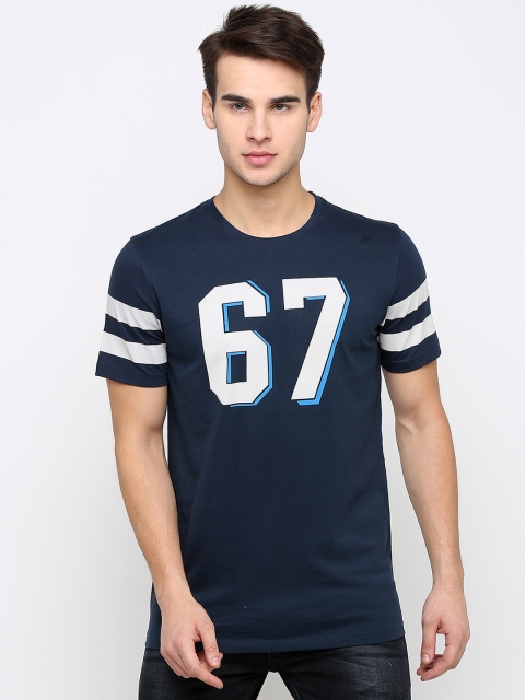 

Maniac Men Navy Blue Printed Slim-Fit Round Neck T-shirt