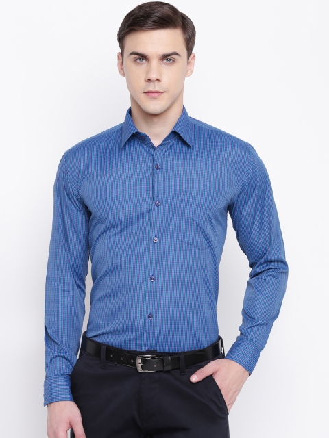 

English Navy Men Blue & Green Slim Fit Checked Formal Shirt