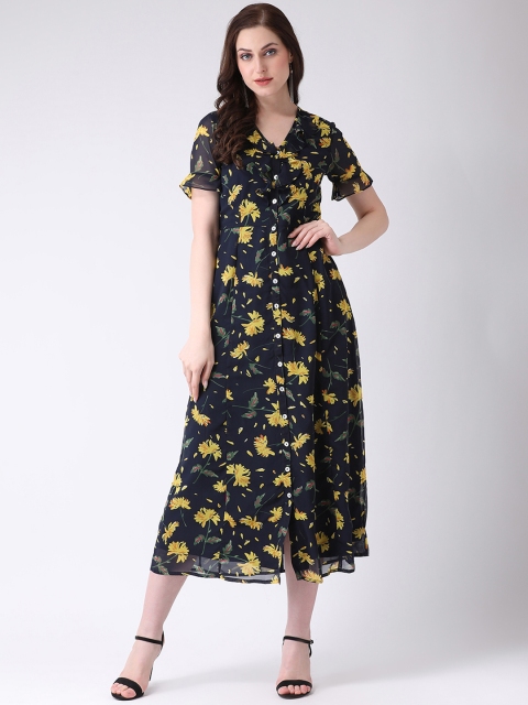 

Latin Quarters Women Blue & Yellow Floral Print Fit and Flare Dress