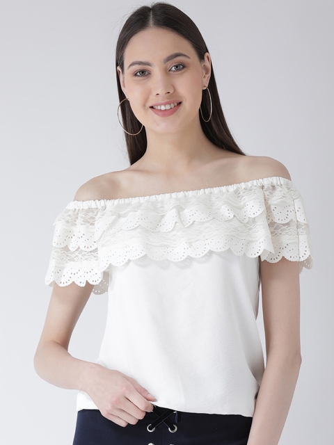 

Latin Quarters Women Off-White Self Design Bardot Top