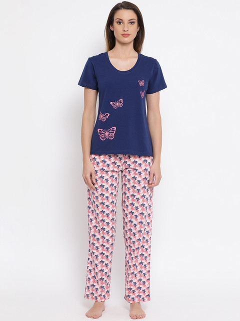 

Clovia Women Blue & Pink Printed Night suit LS0330P08XL