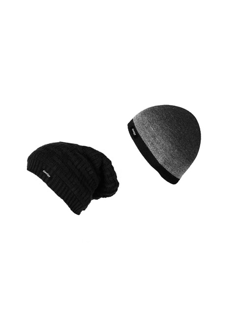 

Knotyy Men Pack of 2 Grey & Black Self Design Beanies, Multi