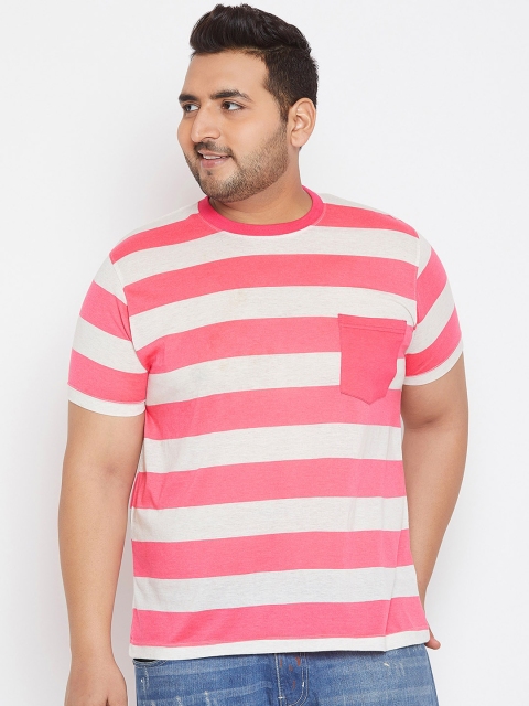 

bigbanana Plus Size Men White Pink Striped Round Neck T-shirt