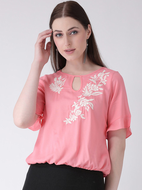 

Latin Quarters Women Pink Embroidered Blouson Top