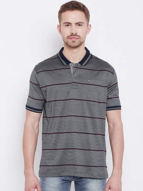 

Duke Men Blue & Grey Striped Polo Collar T-shirt