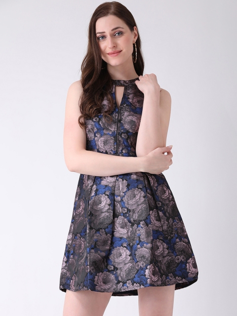 

Latin Quarters Women Blue & Mauve Floral Printed Fit and Flare Dress