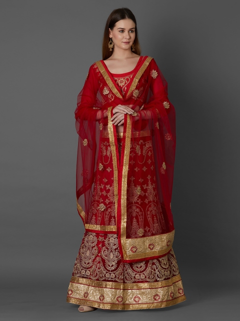 

Mitera Red & Gold-Toned Embroidered Semi-Stitched Lehenga & Blouse with Dupatta