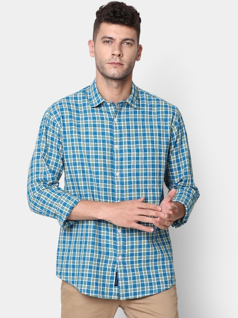 

CAVALLO by Linen Club Men Cotton Linen Blue Regular Fit Checked Casual Shirt