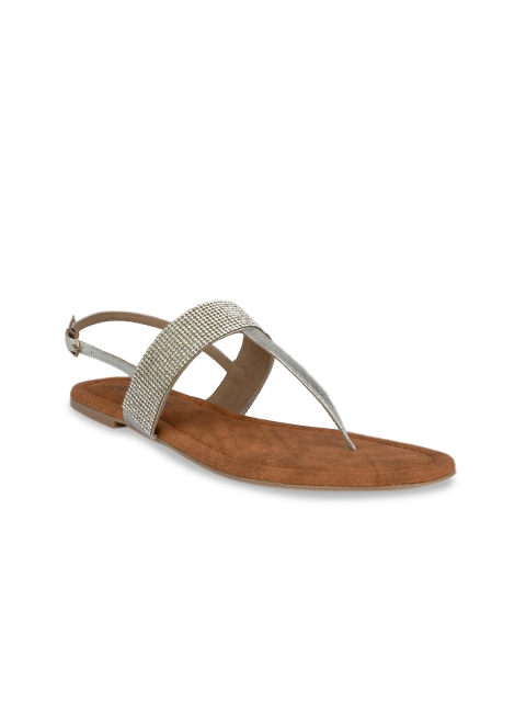 

SOLES Women Silver-Toned Textured T-Strap Flats