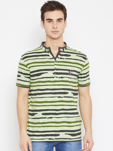 

Duke Men Green Striped Mandarin Collar T-shirt