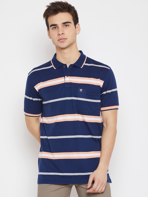 

Duke Men Navy Blue Striped Polo Collar T-shirt