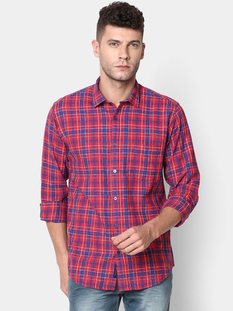 CAVALLO by Linen Club Men Cotton Linen Red & Blue Regular Fit Checked Casual Shirt