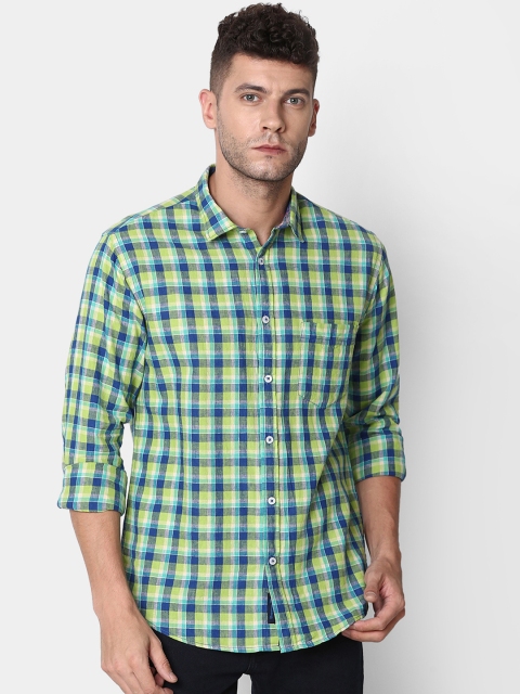 

CAVALLO by Linen Club Men Cotton Linen Green Regular Fit Checked Casual Shirt