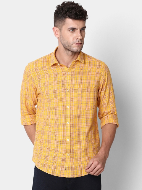 

CAVALLO by Linen Club Men Cotton Linen Yellow Regular Fit Checked Casual Shirt