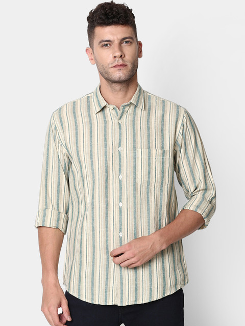

CAVALLO by Linen Club Men Cotton Linen Green & Beige Regular Fit Striped Casual Shirt