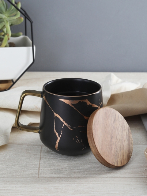 

OddCroft Black & Gold-Toned Printed Ceramic Coffee Mug & Cover