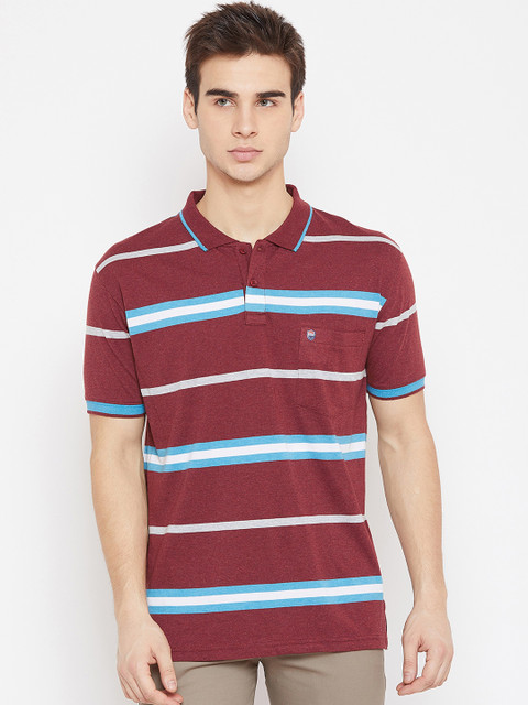 

Duke Men Maroon Striped Polo Collar T-shirt