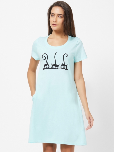 

Soie Women Blue Printed Knee-Length Nightdress NT-98BLUE-TINT-5