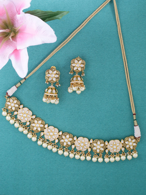 

Tistabene Women Gold-Plated Enamelled Choker Pearls Jewellery Set