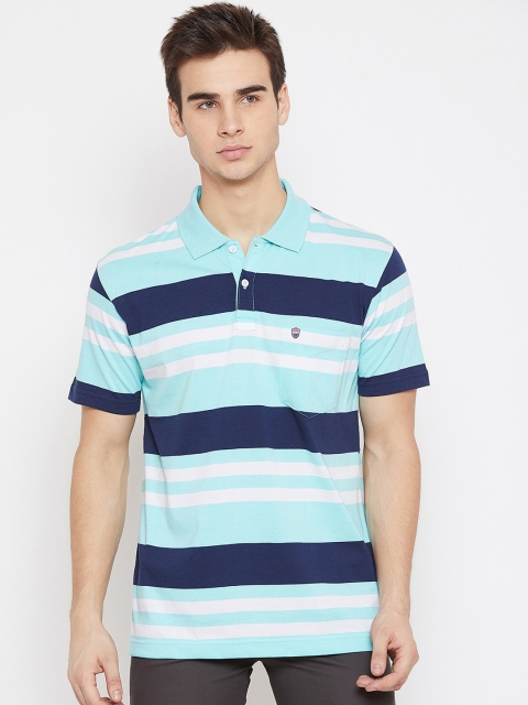 

Duke Men Blue & White Striped Polo Collar T-shirt
