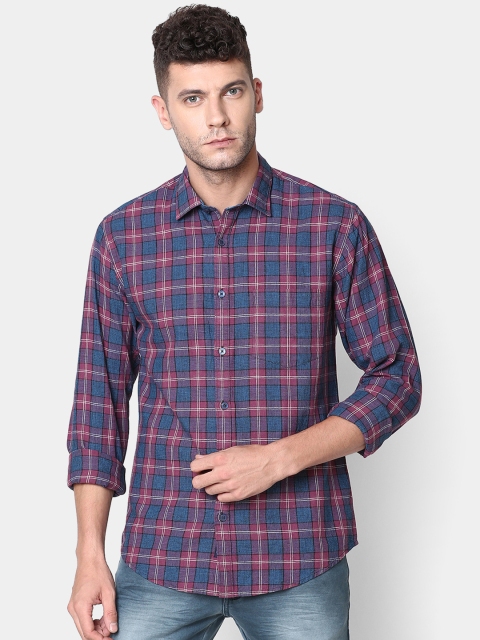 

CAVALLO by Linen Club Men Cotton Linen Maroon & Blue Regular Fit Checked Casual Shirt