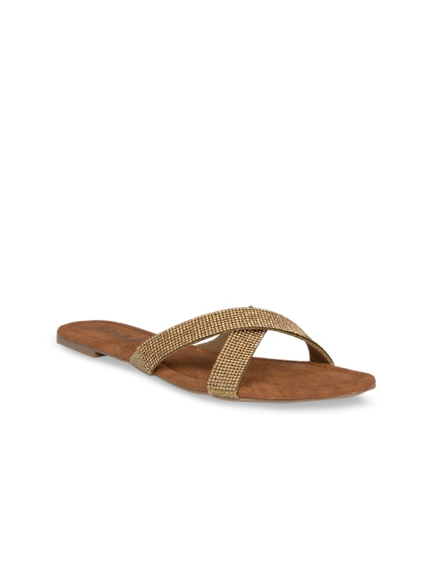 

SOLES Women Gold-Toned Textured Open Toe Flats