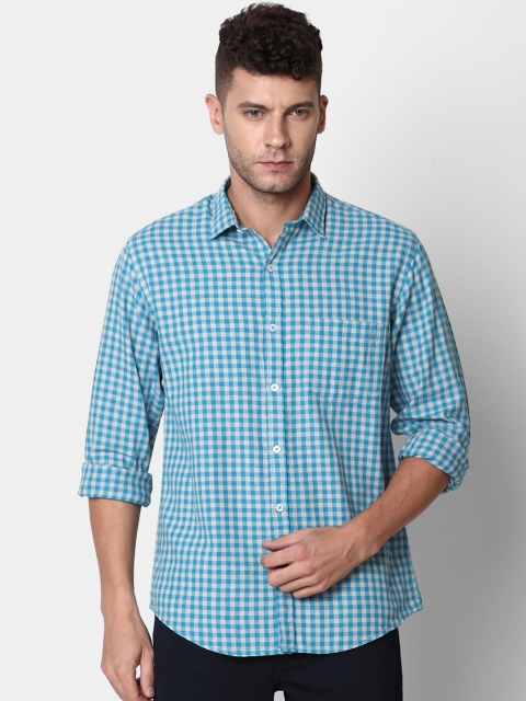 

CAVALLO by Linen Club Men Cotton Linen Blue & White Regular Fit Checked Casual Shirt