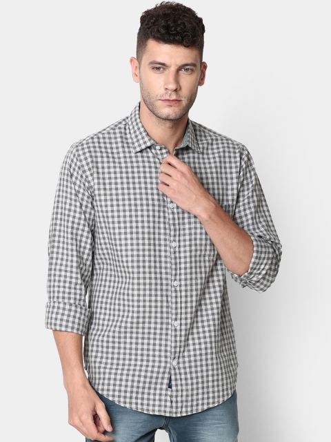 

CAVALLO by Linen Club Men Cotton Linen Grey Regular Fit Checked Casual Shirt