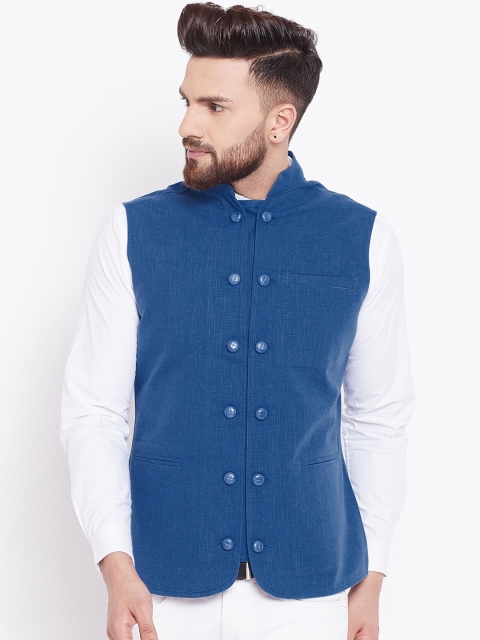 

Hypernation Men Blue Solid Woven Nehru Jacket