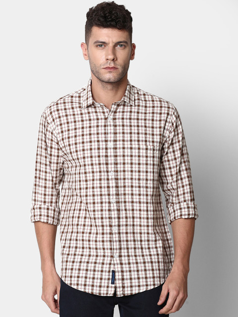 

CAVALLO by Linen Club Men Cotton Linen Brown Regular Fit Checked Casual Shirt