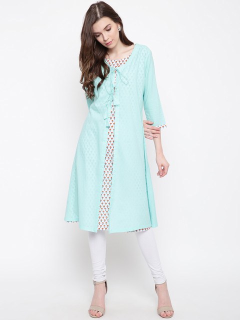

FABNEST Women Sea Green & White Solid Straight Kurta