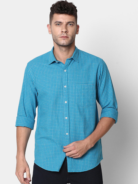 

CAVALLO by Linen Club Men Cotton Linen Blue Regular Fit Checked Casual Shirt