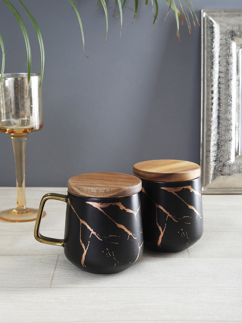 

OddCroft Black & Gold-Toned 2-Pieces Printed Ceramic Coffee Mugs & Cover