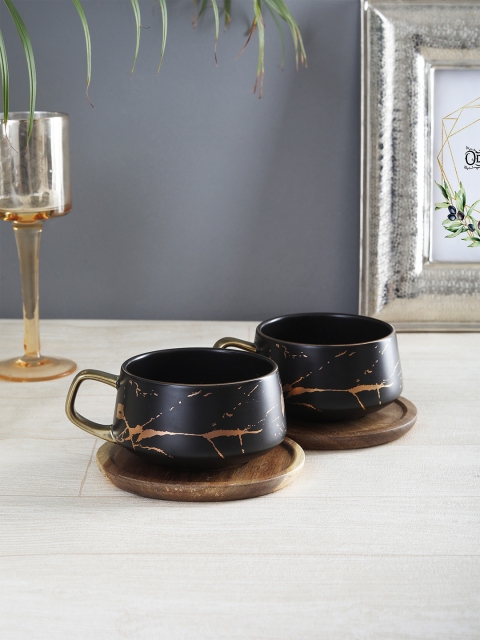 

OddCroft Black & Gold-Toned 2-Pieces Printed Ceramic Tea Cups & Saucer