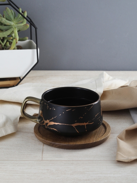 

OddCroft Black & Gold-Toned Printed Ceramic Tea Cup & Saucer