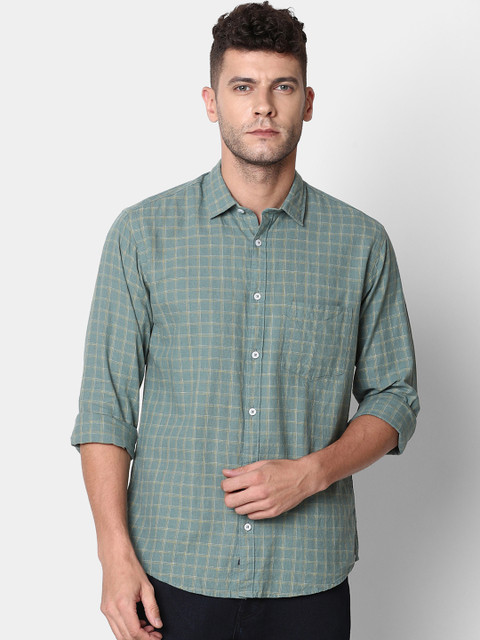 

CAVALLO by Linen Club Men Cotton Linen Green Regular Fit Checked Casual Shirt