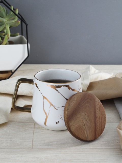 

OddCroft White & Gold-Toned Printed Ceramic Coffee Mug & Cover