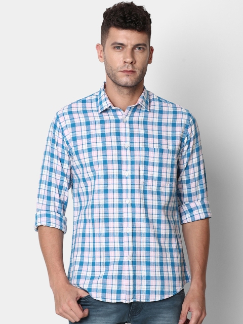 

CAVALLO by Linen Club Men Cotton Linen Blue Regular Fit Checked Casual Shirt