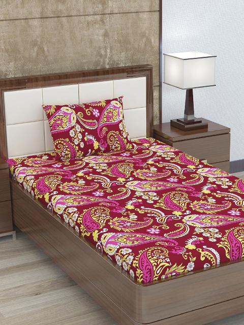 

Divine Casa Red & Pink Ethnic Motifs 180 TC Cotton 1 Single Bedsheet with 1 Pillow Cover