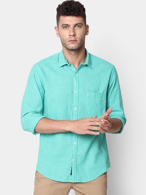 

CAVALLO by Linen Club Men Cotton Linen Sea Green Regular Fit Checked Casual Shirt