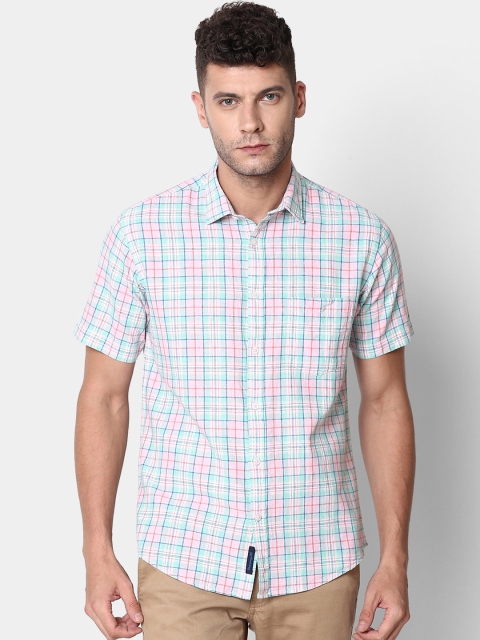 

CAVALLO by Linen Club Men Cotton Linen Pink & Blue Regular Fit Checked Casual Shirt
