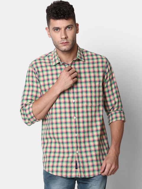 

CAVALLO by Linen Club Men Cotton Linen Green & Beige Regular Fit Checked Casual Shirt