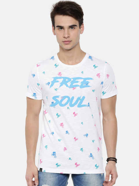 

Classic Polo Men White & Blue Printed Round Neck Slim Fit T-shirt