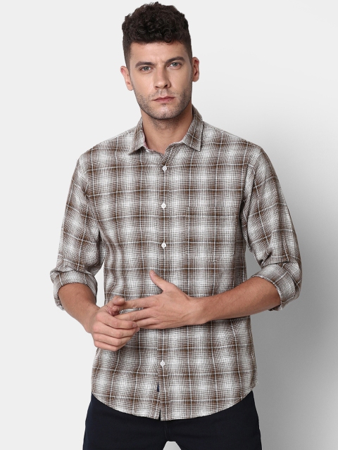 

CAVALLO by Linen Club Men Cotton Linen Brown Regular Fit Checked Casual Shirt